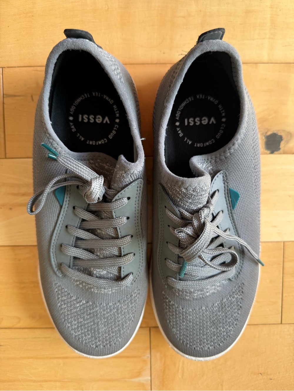 Vessi Gray Knit Slip-On Sneakers with Teal Tabs